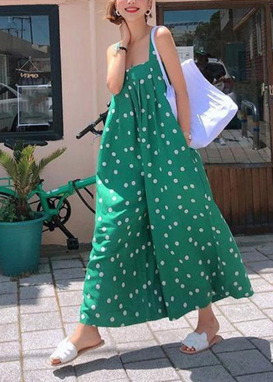 French Green Slash Neck Print Chiffon Wide Leg Jumpsuits Summer