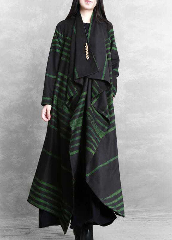 French Green Striped Asymmetrical Design Cotton Loose Cardigan Fall