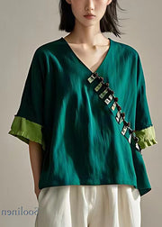 French Green V Neck Patchwork Cotton Shirts Half Sleeve