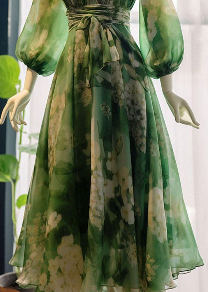 French Green V Neck Print High Waist Chiffon Dresses Long Sleeve