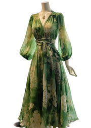 French Green V Neck Print High Waist Chiffon Dresses Long Sleeve