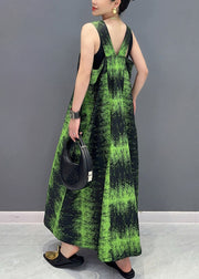 French Green V Neck Print Pockets Cotton Long Dress Sleeveless