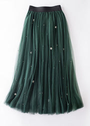 French Green Wrinkled Patchwork High Waist Tulle Skirt Spring