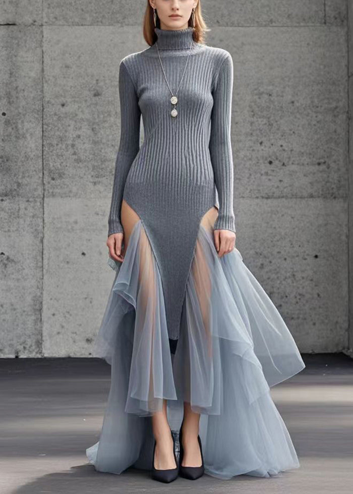 French Grey Asymmetrical Patchwork Tulle Sweater Dress Winter