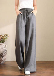 French Orange flower Elastic Waist Pockets Linen Wide Leg Pants Summer