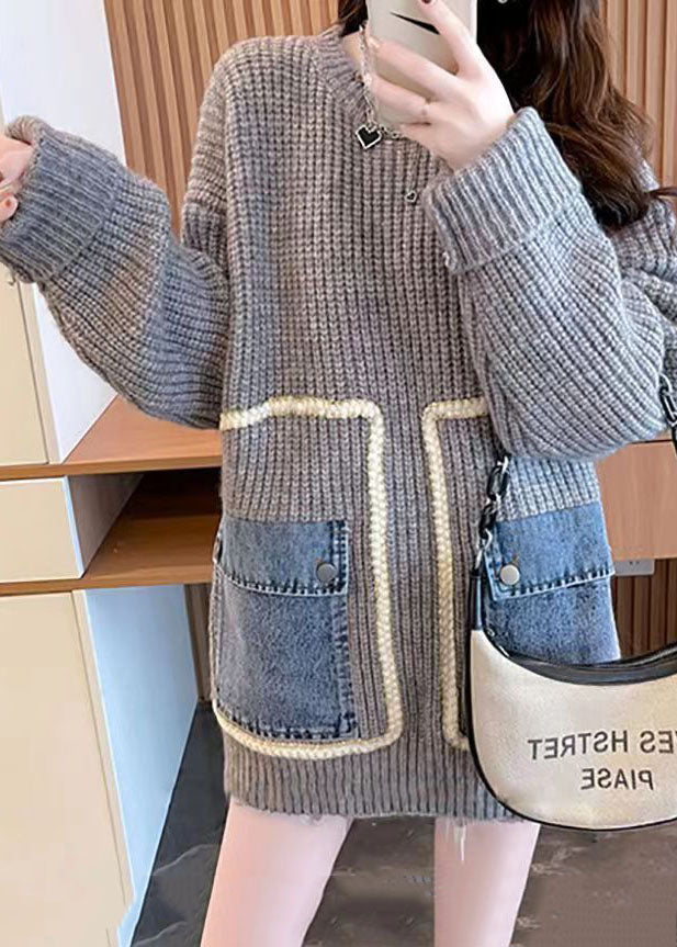 French Grey O-Neck Oversized Lazy Patchwork Pockets Knit Sweater Tops Winter