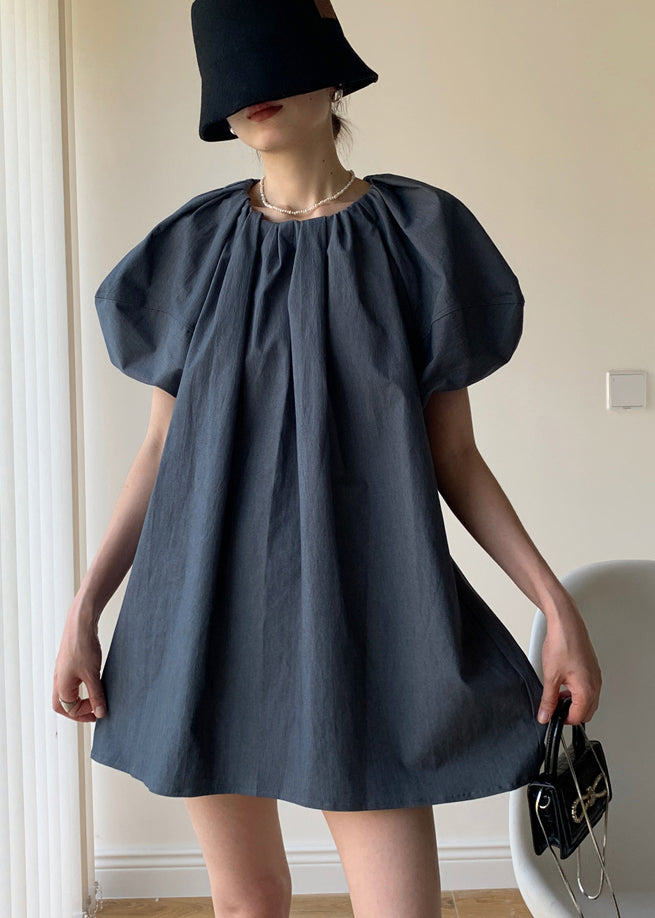 French Grey O Neck Wrinkled Patchwork Cotton Dress Puff Sleeve