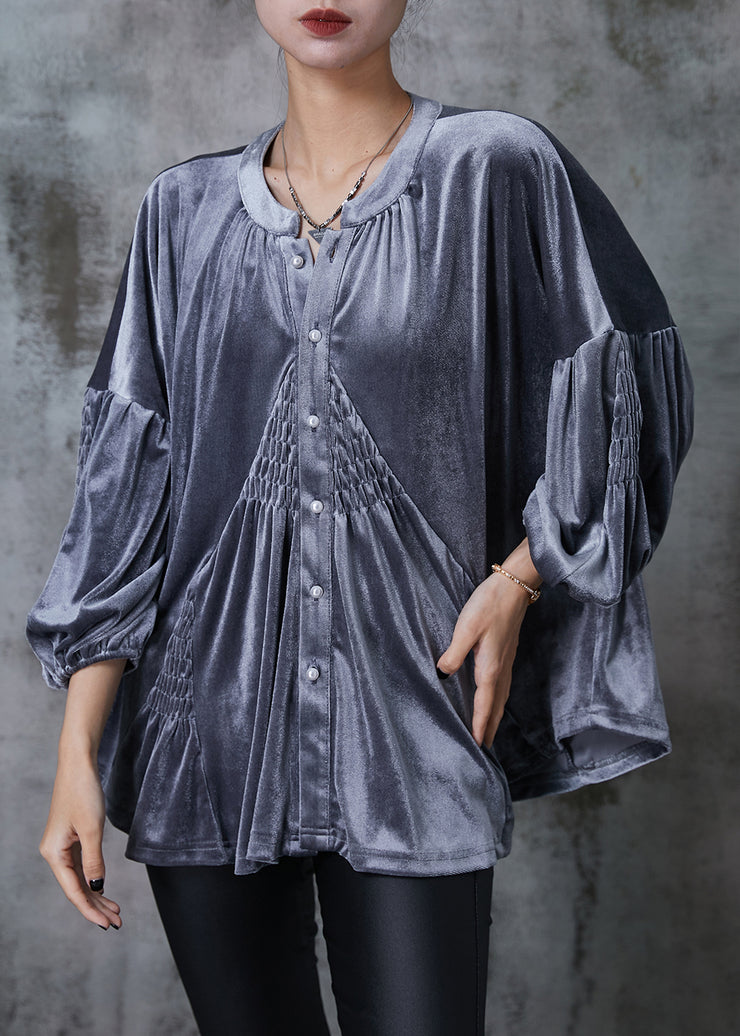 French Grey Oversized Wrinkled Silk Velour Top Spring