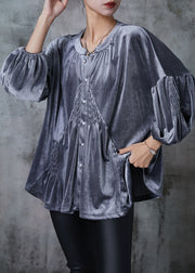 French Grey Oversized Wrinkled Silk Velour Top Spring