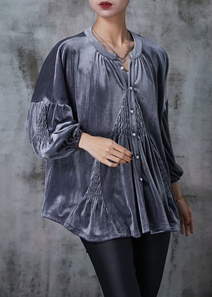 French Grey Oversized Wrinkled Silk Velour Top Spring