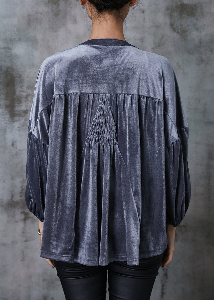 French Grey Oversized Wrinkled Silk Velour Top Spring