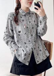 French Grey Peter Pan Collar Button Print Cotton Shirts Spring