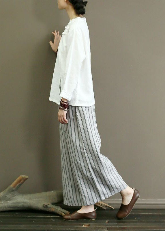 French Grey Pockets Striped Linen Straight Pants Summer