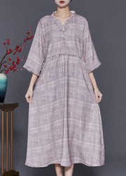 French Grey Ruffled Plaid Drawstring Cotton Long Dress Summer