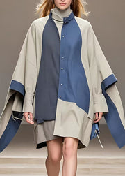 French Grey Stand Collar Asymmetrical Patchwork Coat Long Sleeve