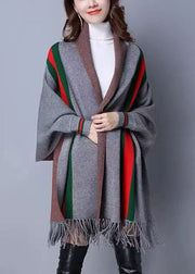 French Grey Tasseled Striped Patchwork Woolen Cardigans Fall