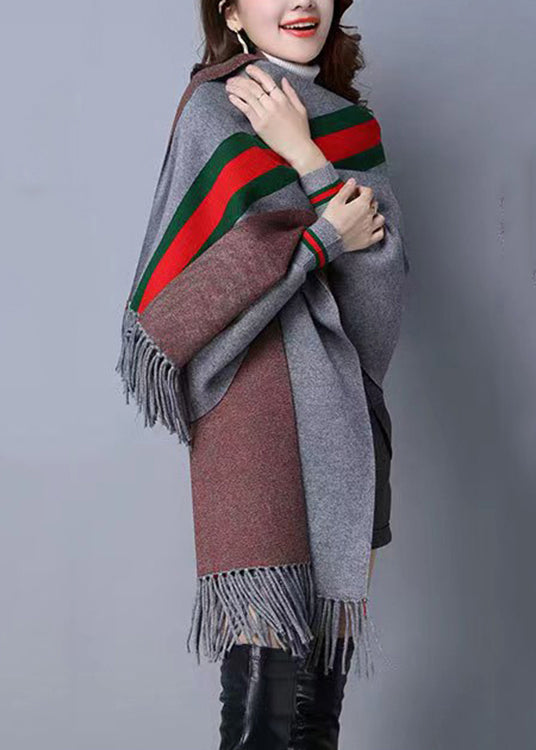 French Grey Tasseled Striped Patchwork Woolen Cardigans Fall