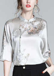 White text Elegant Silk Stand Collar Oriental Satin Shirt Top Half Sleeve Blouse