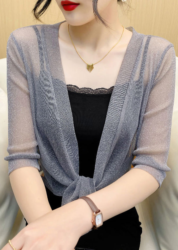 French Grey V Neck Lace Up Tulle Cardigan Summer