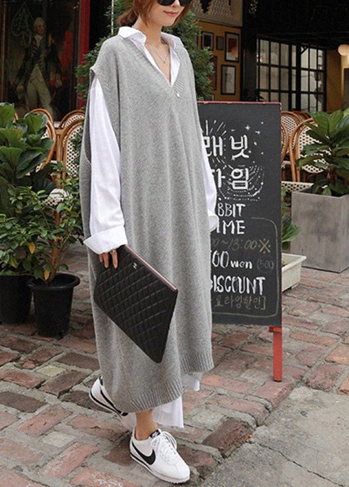 French Grey V Neck Long Knit Vest Sleeveless