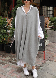 French Grey V Neck Long Knit Vest Sleeveless