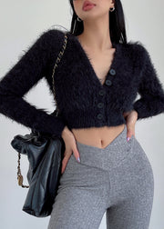 French Grey V Neck Mink Hair Knitted Short Coat Fall