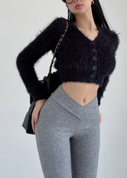 French Grey V Neck Mink Hair Knitted Short Coat Fall