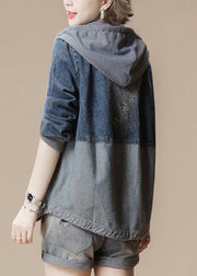 French Grey Zippered Patchwork Hoodie Denim Coats Fall