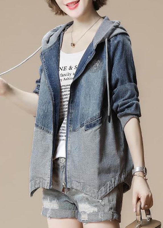 French Grey Zippered Patchwork Hoodie Denim Coats Fall