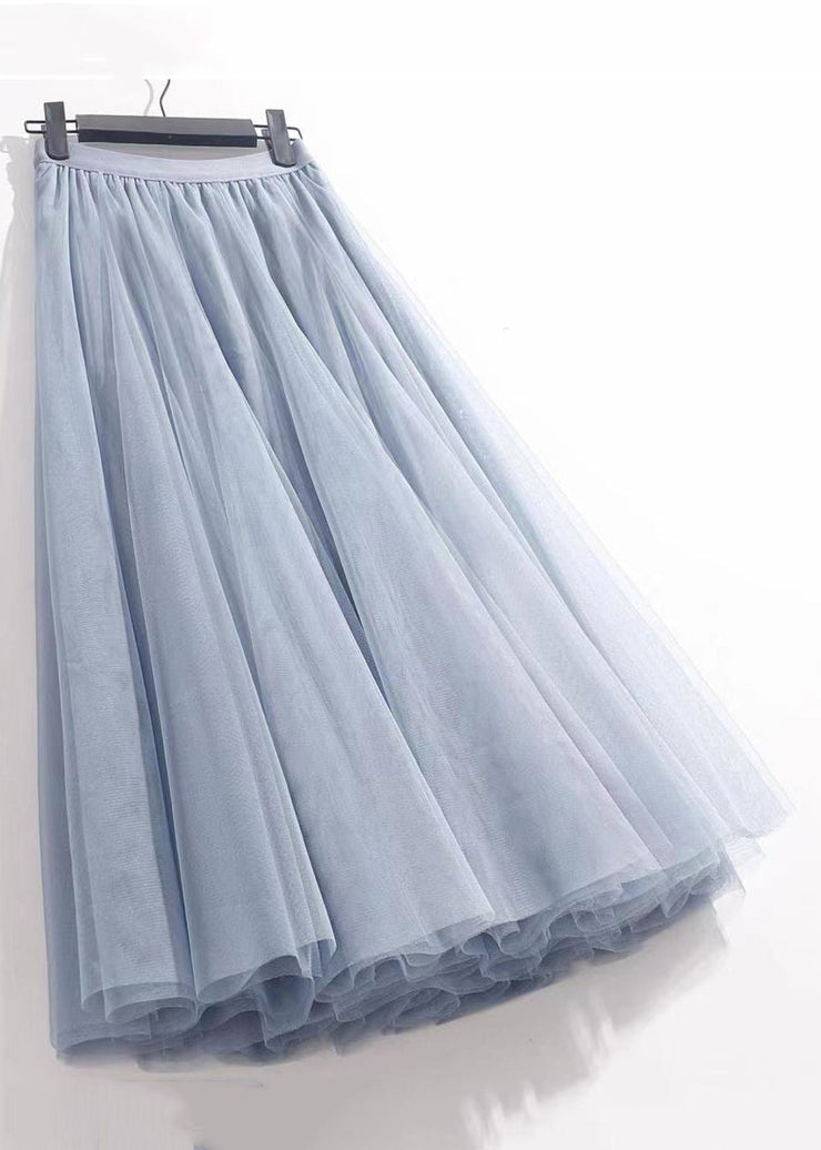 French Haze Blue Elastic Waist Tulle Pleated Skirt Summer