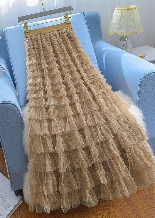 French Khaki Elastic Waist Layered Ruffled Patchwork Tulle Skirt Spring