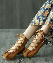 French Khaki Hollow Out Lace Up Cowhide Leather Flats Feet Shoes