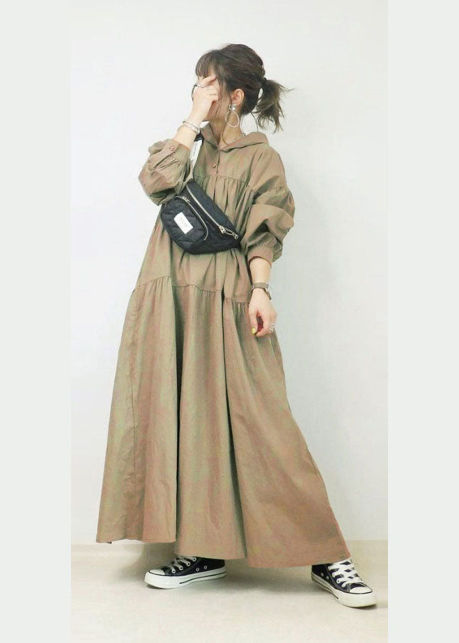 French Khaki Hooded Oversized Wrinkled Cotton Long Dresses Spring