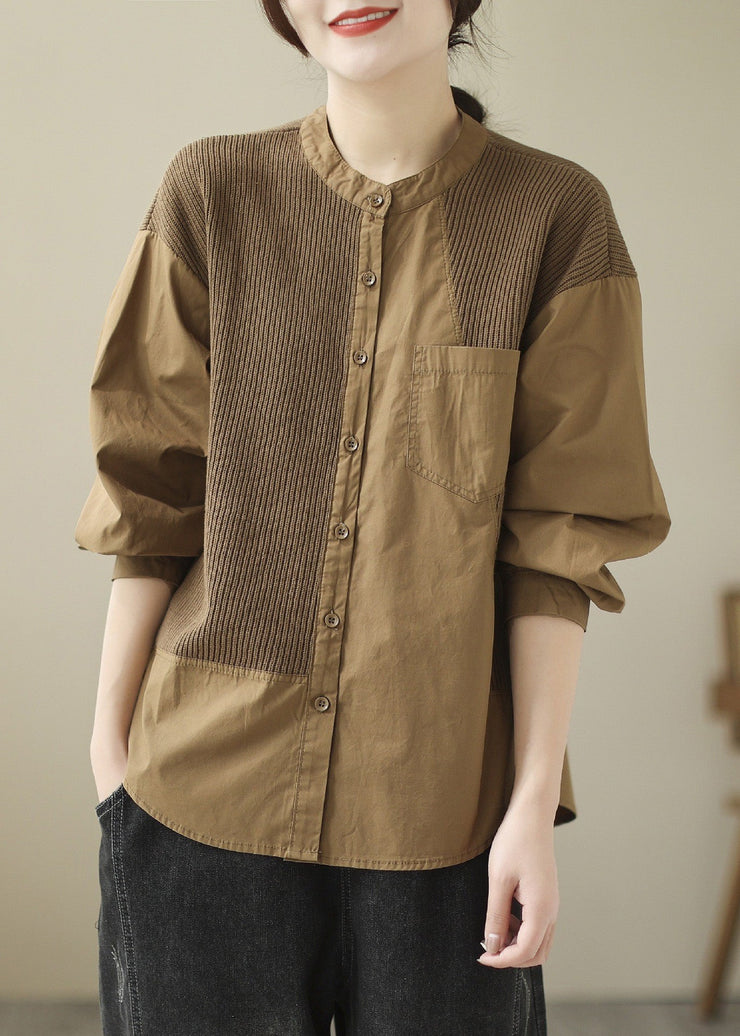 French Khaki Knit Patchwork Cotton Shirt Spring