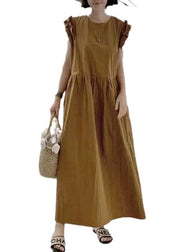 French Khaki O Neck Patchwork Cotton Dress Summer