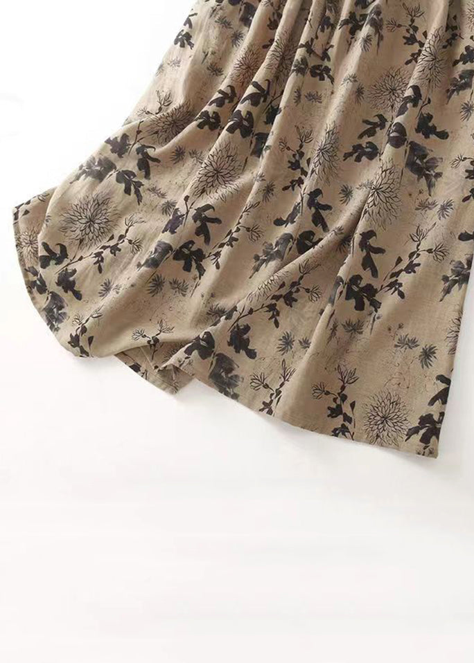 French Khaki O Neck Print Tie Waist Cotton Long Dresses Sleeveless