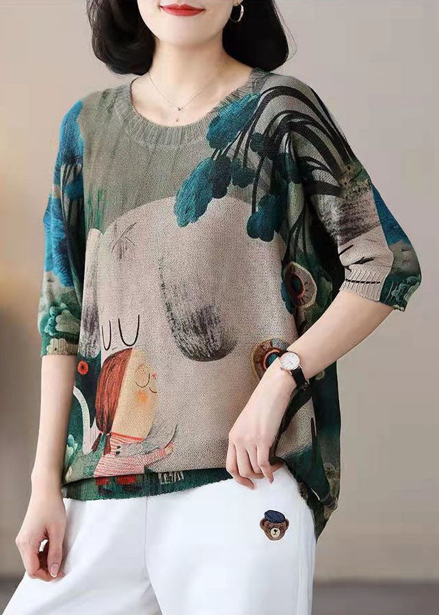 French Khaki Oversized Character Print Knit Top Spring