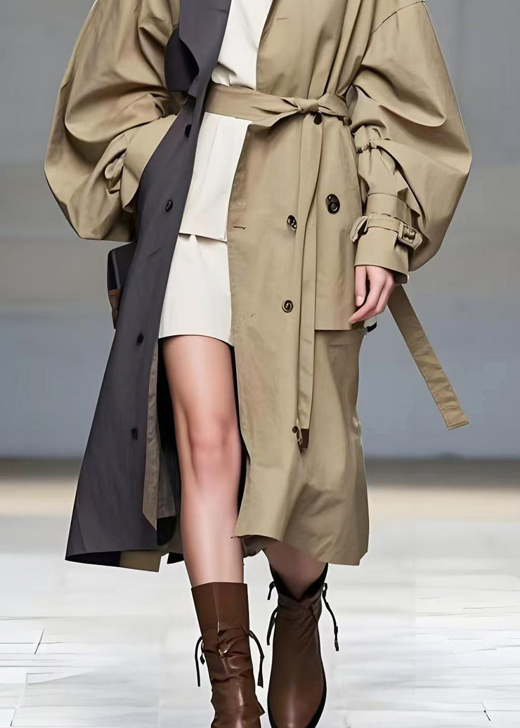 French Khaki Oversized Patchwork Cotton Trench Coat Spring