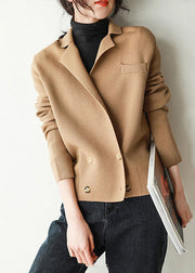 French Khaki Peter Pan Collar Button Patchwork Knit Coats Fall