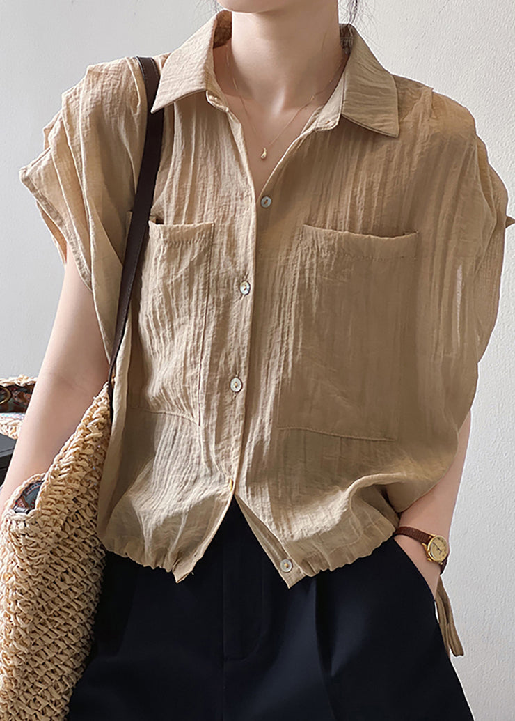 French Khaki Peter Pan Collar Pockets Drawstring Cotton Shirts Top Summer