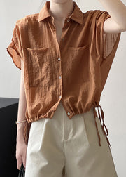 French Khaki Peter Pan Collar Pockets Drawstring Cotton Shirts Top Summer