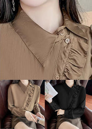 French Khaki Peter Pan Collar Ruffled Button Chiffon Shirt Spring