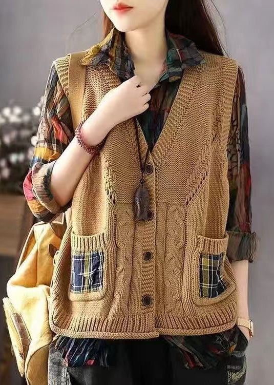 French Khaki V Neck Button Pockets Cotton Knit Waistcoat Sleeveless