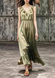 French Khaki V Neck Draping Silk Robe Dresses Summer