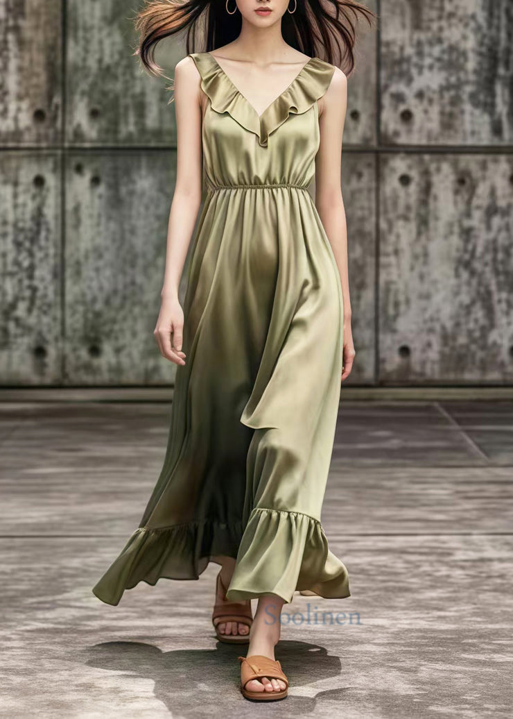 French Khaki V Neck Draping Silk Robe Dresses Summer