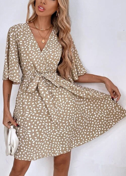 French Khaki V Neck Print Tie Waist Cotton Mid Dress Summer