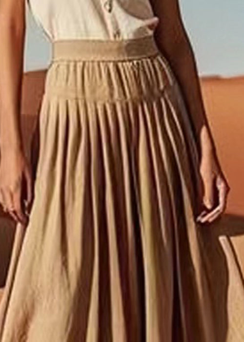 French Khaki Wrinkled Elastic Waist Linen Skirt Summer