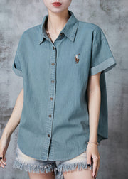 French Lake Blue Embroidered Denim Shirts Summer