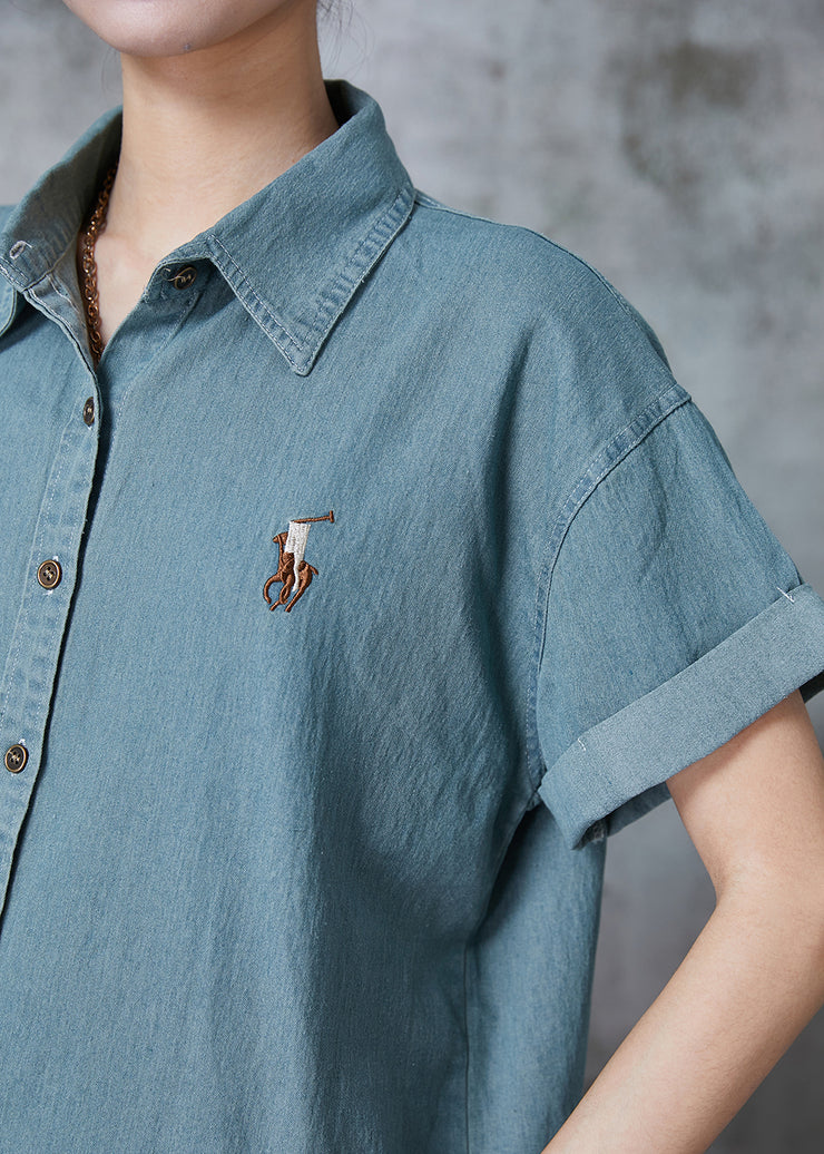 French Lake Blue Embroidered Denim Shirts Summer