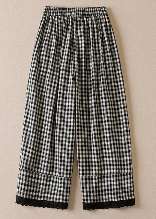 French Large Plaid Pockets Elastic Waist Linen Crop Pants Summer